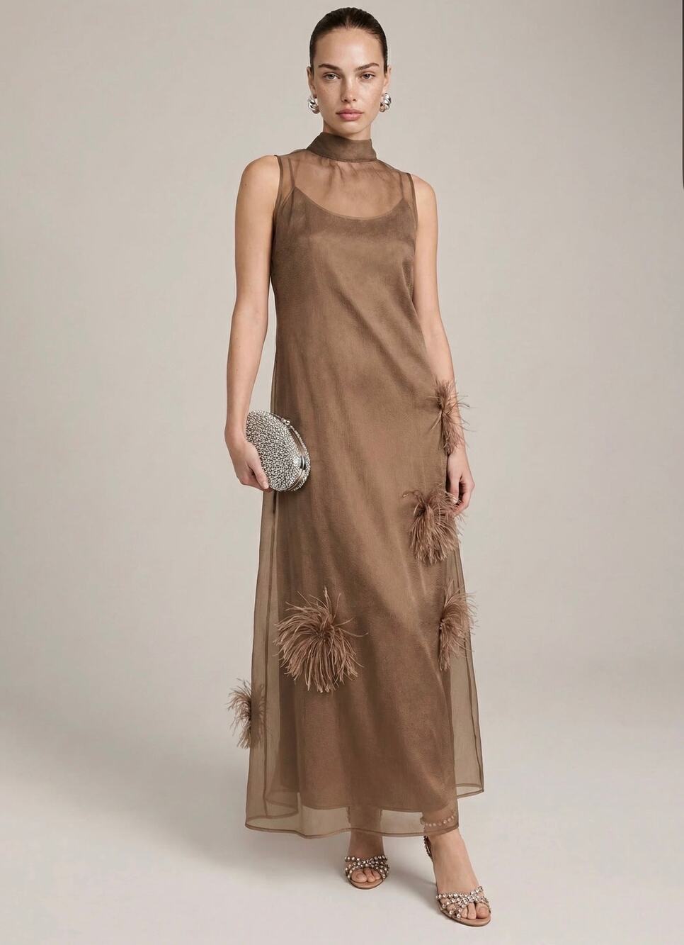 New O.P.T few moda Naia oatmeal feather organza Dress $347 sz S